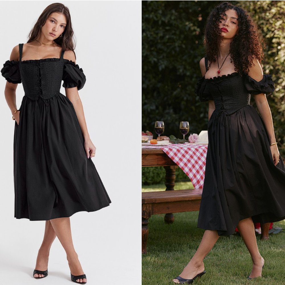 HOUSE OF CB 'Silvana' Black Puff Sleeve Midi Sundress NWOT